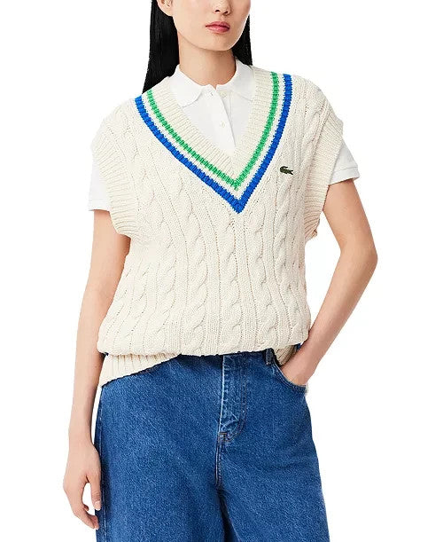 LACOSTE USA Varsity Cable-Knit Sweater Vest MSRP $180