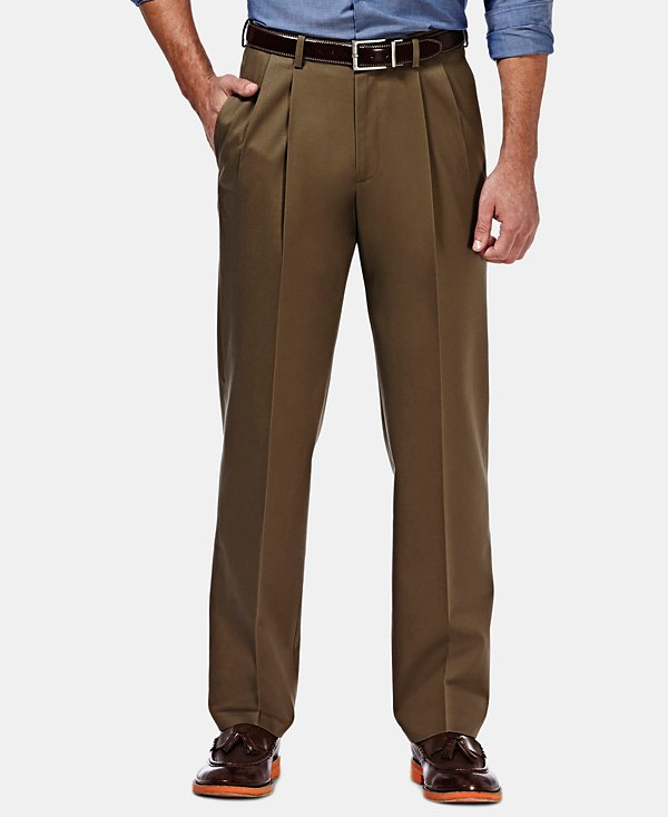 Haggar Men's Premium No Iron Khaki Classic Fit Pleat Waist Pants MSRP $70