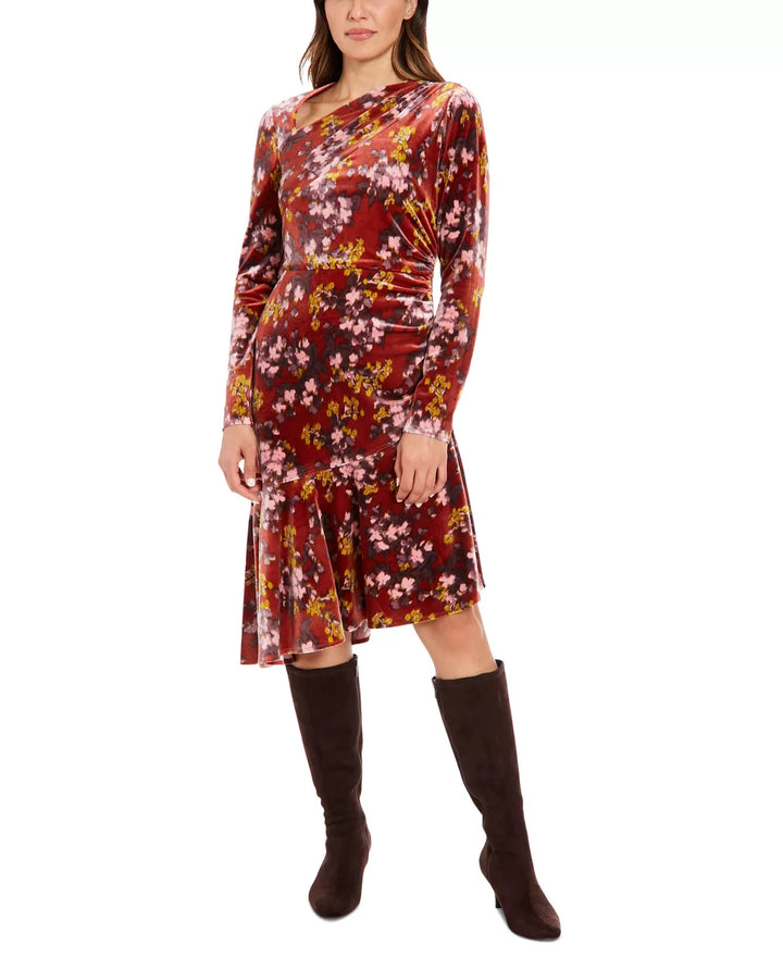 London Times Women's Floral Velvet Asymmetric Dress MSRP $99