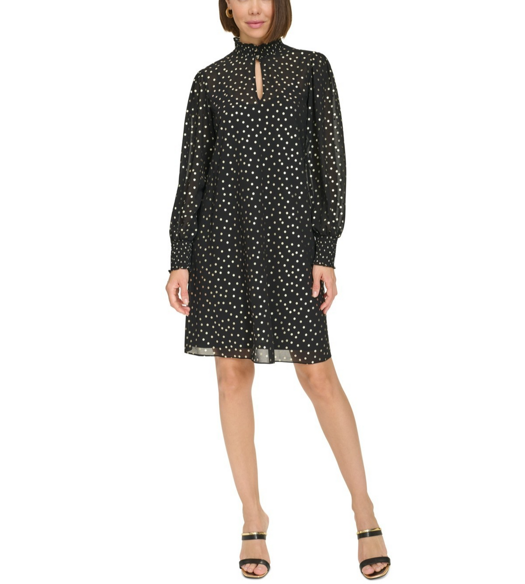 Tommy Hilfiger Metallic Dot Smocked Mock Turtleneck Minidress MSRP $139