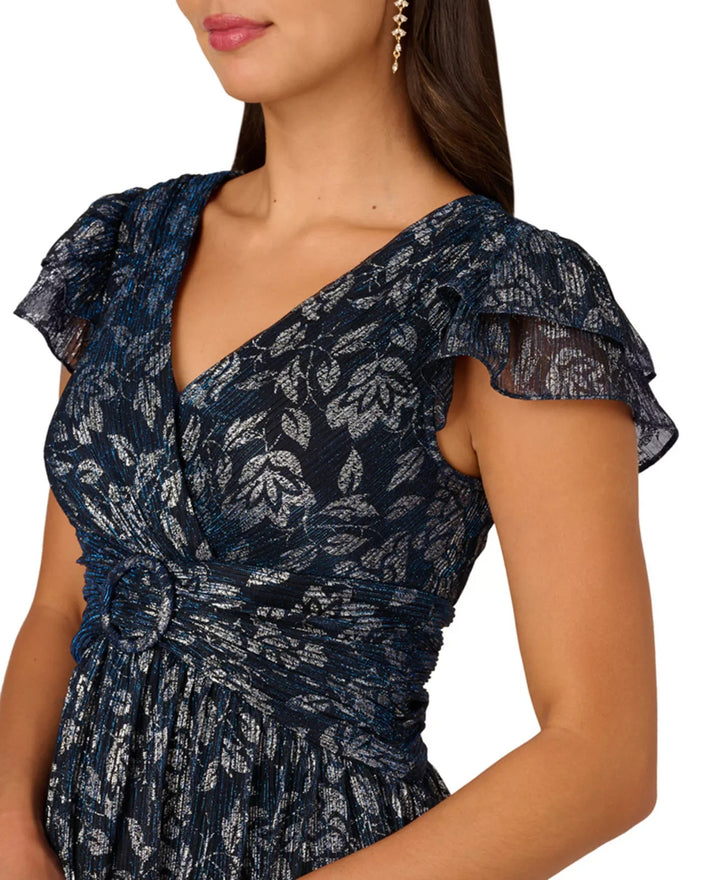 Adrianna Papell Metallic-Print Crinkle Belted Dress MSRP $229