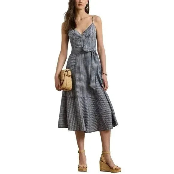 Lauren Ralph Lauren Striped Belted Linen Sleeveless Dress MSRP $265