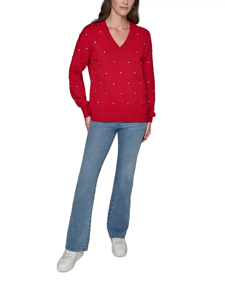 KARL LAGERFELD PARIS Embellished V-Neck Sweater MSRP $119