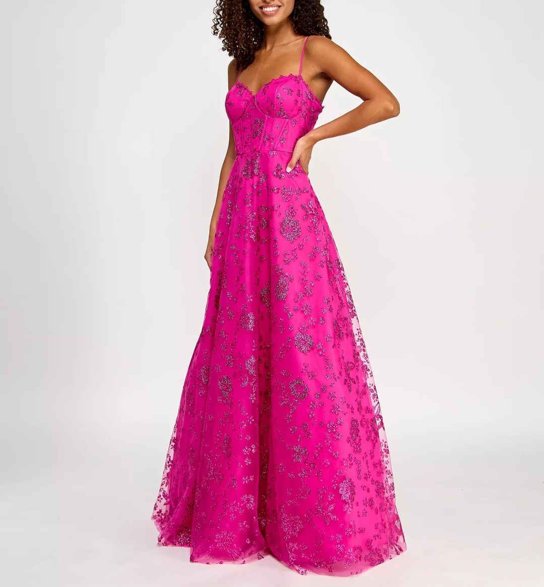 B Darlin Juniors' Floral Glitter Sweetheart Sleeveless Gown MSRP $149