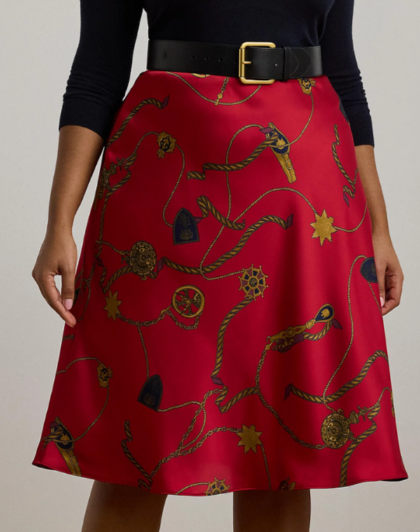 Lauren Ralph Lauren Belting-Print Satin Charmeuse Midi Skirt MSRP $175