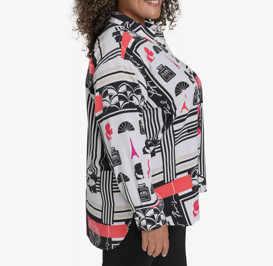 KARL LAGERFELD PARIS Plus Size Printed Collared Button-Front Shirt MSRP $99
