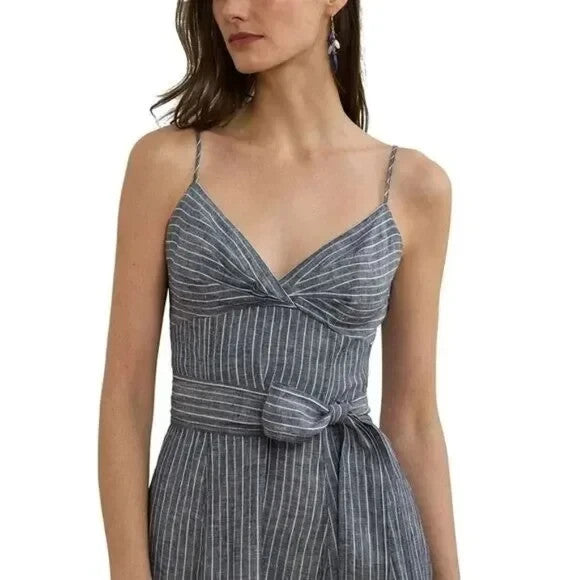 Lauren Ralph Lauren Striped Belted Linen Sleeveless Dress MSRP $265