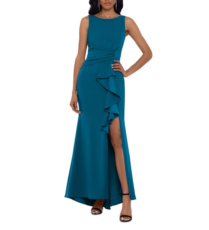 Betsy & Adam Women's Cascading-Ruffle Boat-Neck Gown MSRP $169
