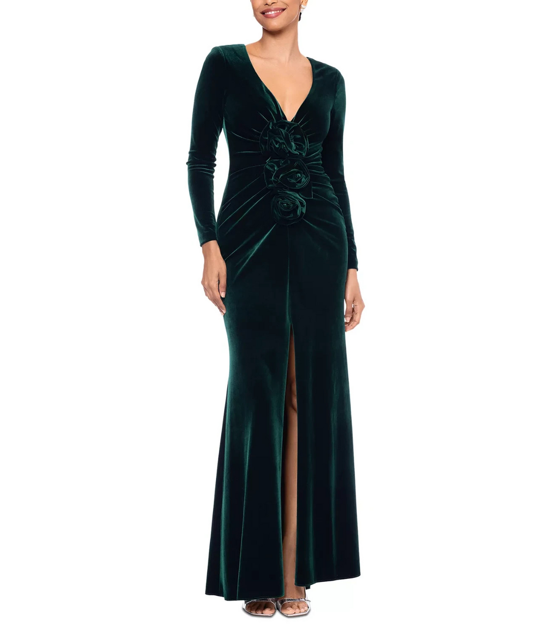 Betsy & Adam Women's Velvet Rosette Long-Sleeve Gown - Hunter - Size 6 Betsy & Adam Women's Velvet Rosette Long-Sleeve Gown - Hunter - Size 6