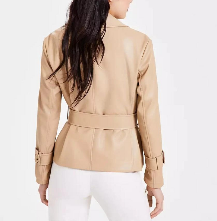 Anne Klein Women's Faux-Leather Belted Short Trench Jacket MSRP $199