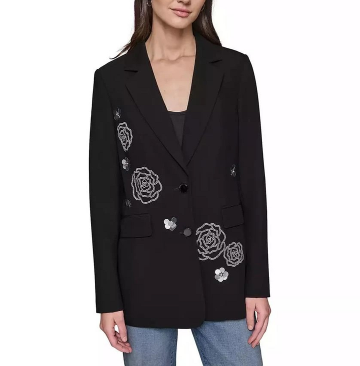Karl Lagerfeld Paris Women's Embellished Rose Motif Blazer - Black MSRP $219