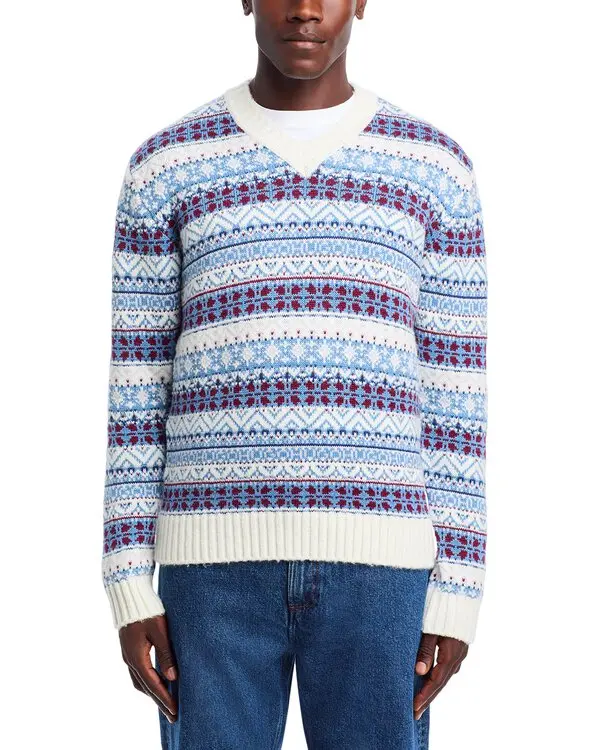 HUGO Sissoh Wool Blend Fair Isle Relaxed Fit V Neck Sweater MSRP $248