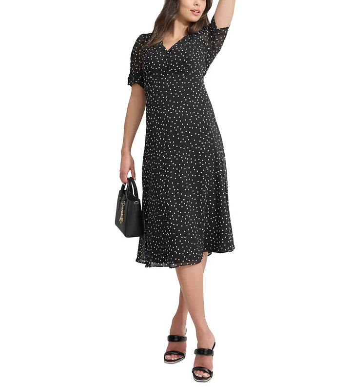 DKNY Polka-Dot V-Neck Button-Trim Midi Dress MSRP $134