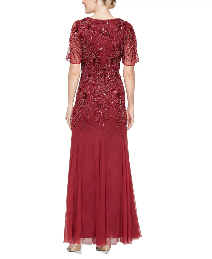 Alex Evenings Sequin Chiffon Flutter-Sleeve Gown MSRP $329