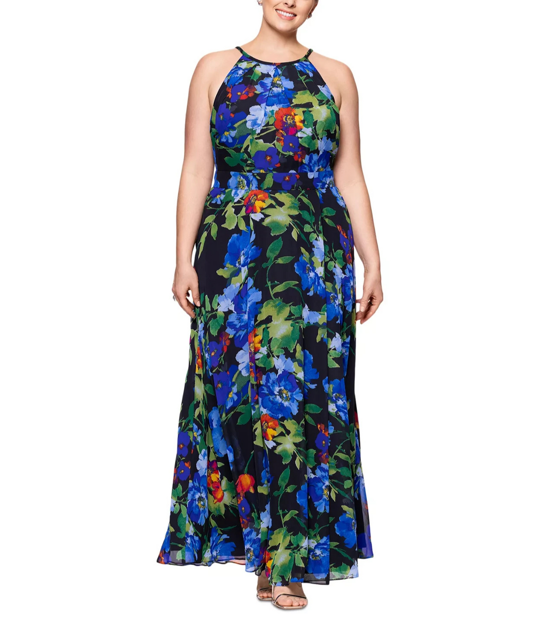 B&A By Betsy and Adam Plus Size Floral-Print Halter Gown MSRP $189