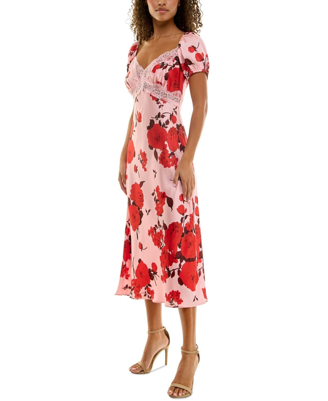 B Darlin Juniors' Lace-Trim Floral-Print Midi Dress MSRP $65