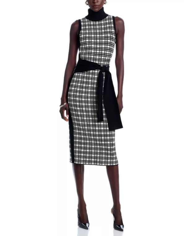 TOCCIN Peggy Sleeveless Turtleneck Tie Front Windowpane Dress MSRP $395