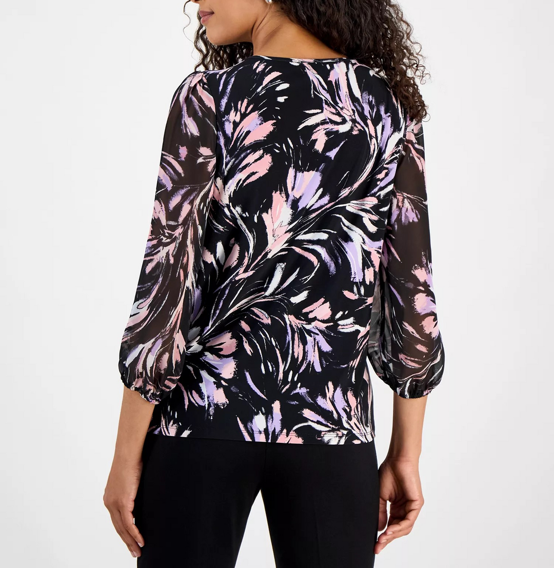 Kasper Women's Printed 3/4-Sleeve Blouson Top MSRP $69