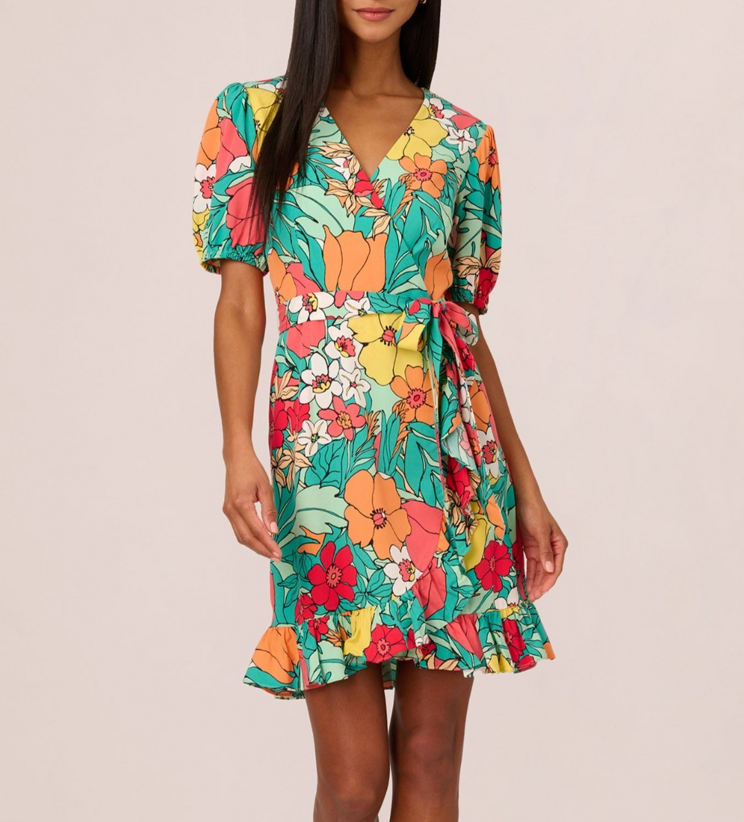 Adrianna Papell Floral Print Faux Wrap Dress MSRP $139