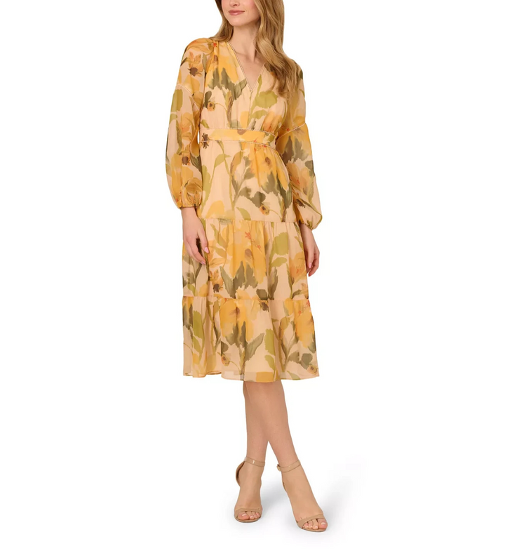 Adrianna Papell Women's Floral Organza Midi Dress MSRP $159