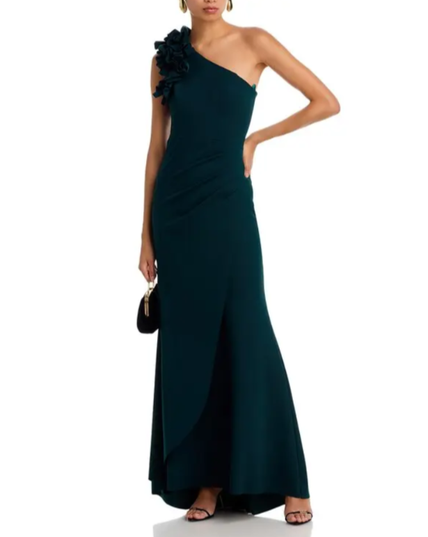 AQUA One Shoulder Ruffle Crepe Gown MSRP $308