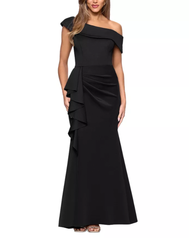 AQUA One Shoulder Ruffle Scuba Crepe Dress MSRP $278