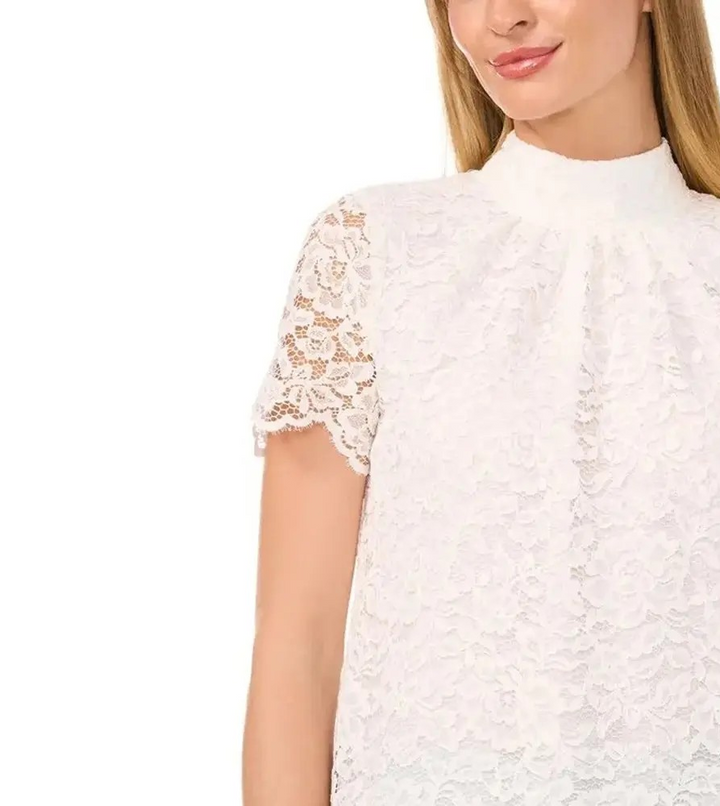 CeCe Women's Lace Mock Neck Cap Sleeve Blouse MSRP $89