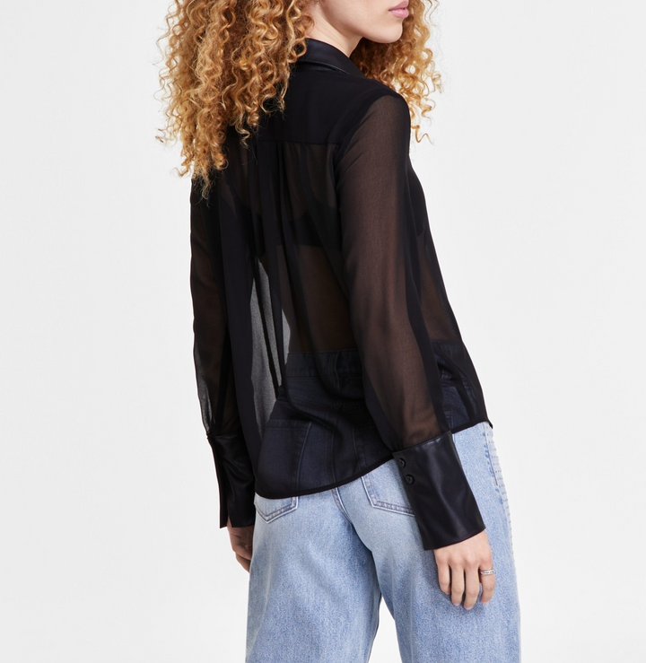 DKNY Jeans Faux-Leather Trim Sheer-Mesh Shirt MSRP $79