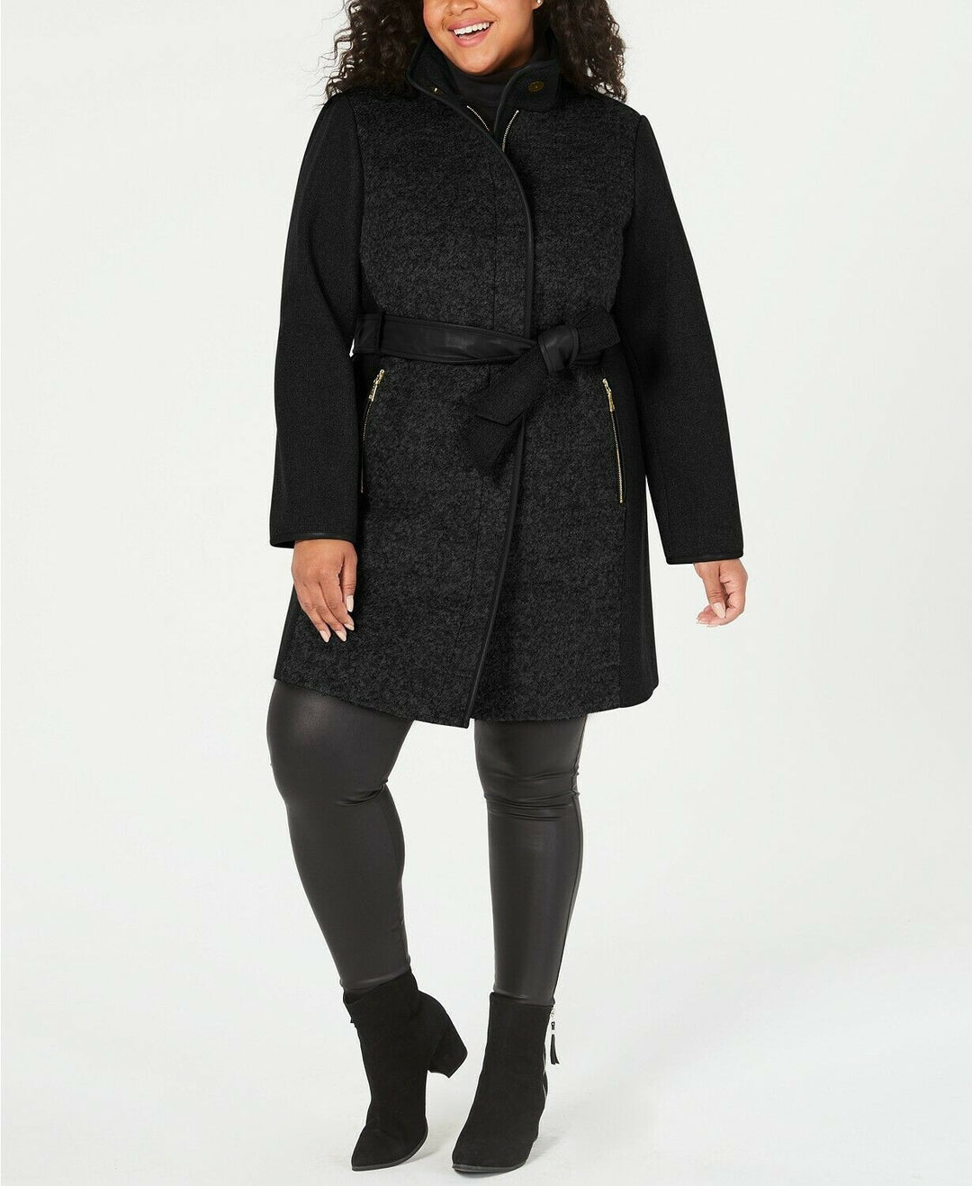 Vince Camuto Plus Size Faux-Leather-Belt Coat MSRP $340