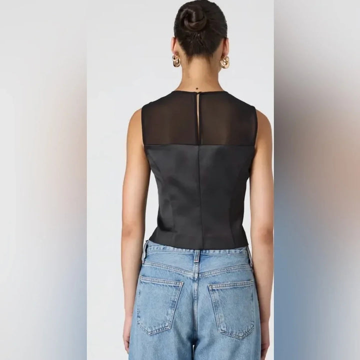 French Connection Sheer Panel Satin Sleeveless Top MSRP $98