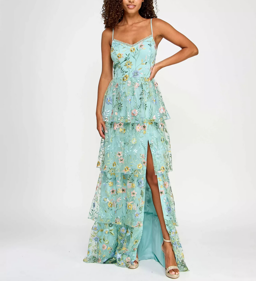 City Studios Juniors' Ruffled Embroidered Tiered Gown MSRP $189