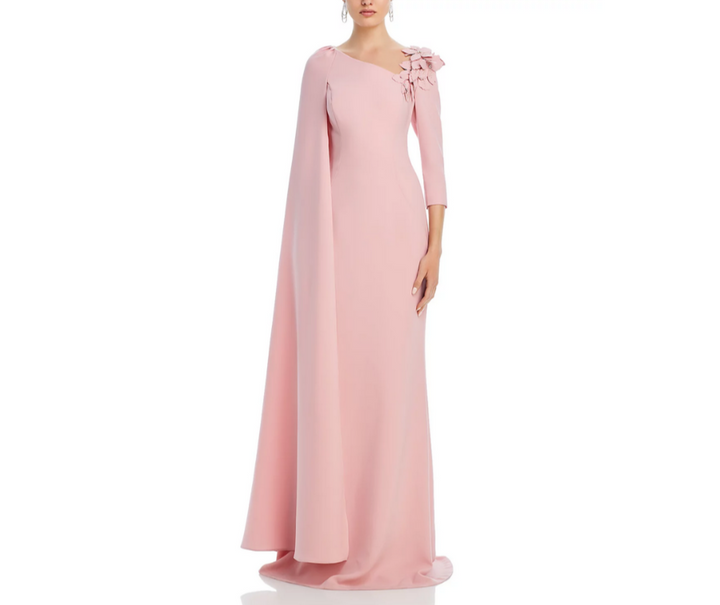 Teri Jon by Rickie Freeman Floral Applique Asymmetric Cape Gown MSRP $870