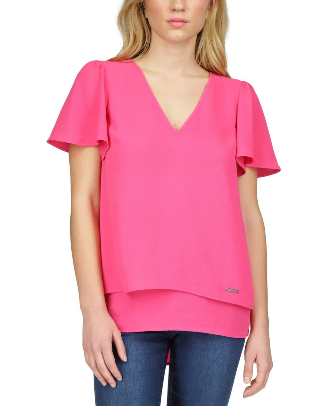 MICHAEL Michael Kors Layered V-Neck Flutter-Sleeve Top MSRP $88