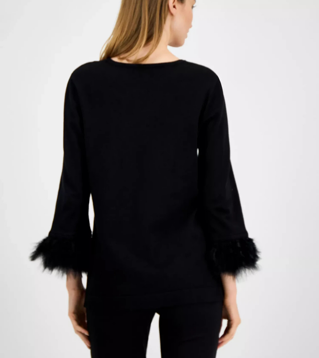 Anne Klein Women's Crewneck Feather-Trim-Cuff Sweater MSRP $119
