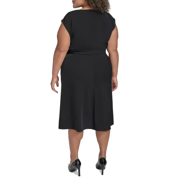 DKNY Plus Size Cowl-Neck Belted Cap-Sleeve Midi Crepe MSRP $139