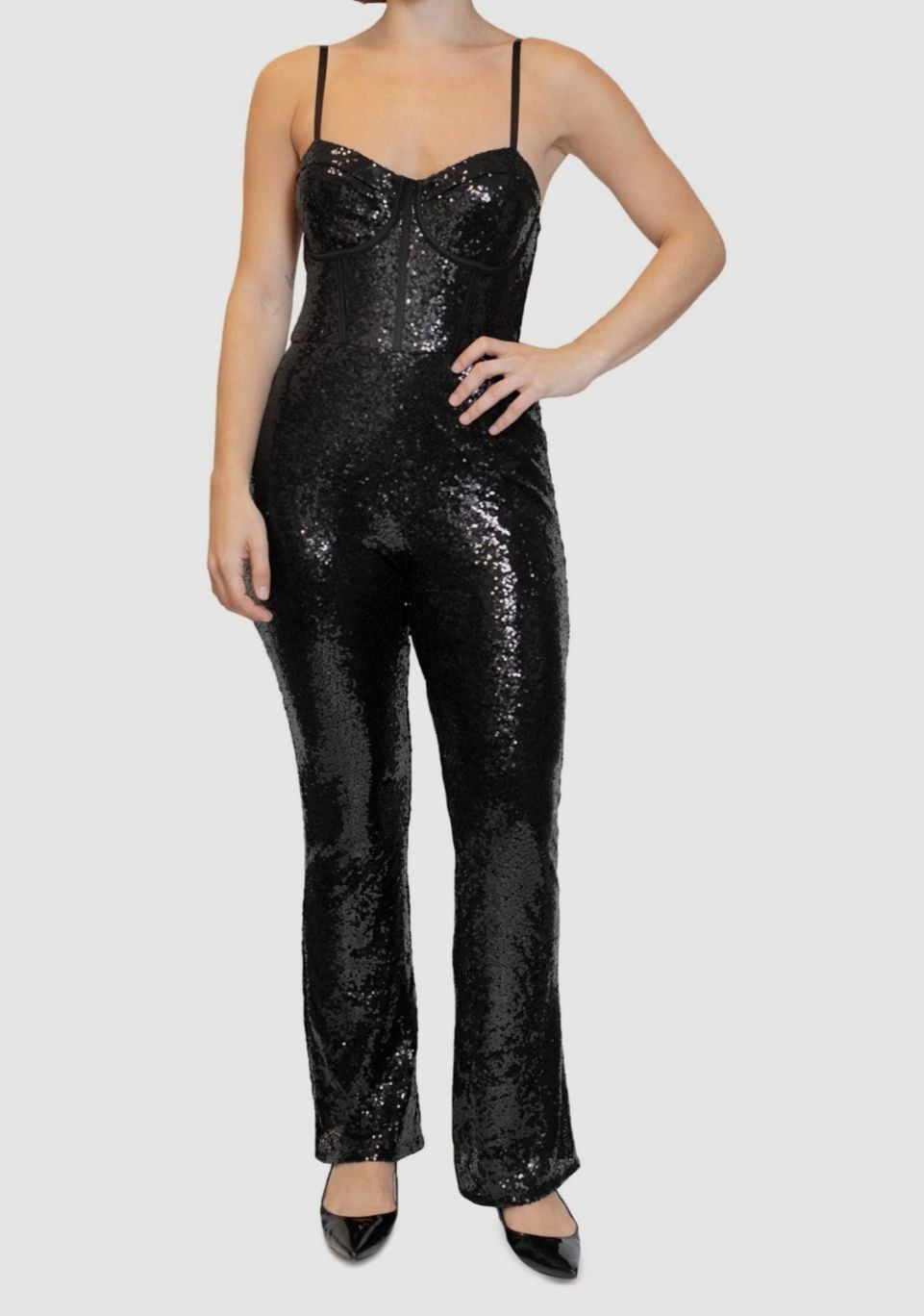 Dylan Ryan Juniors' Bustier Flare-Leg Sequin Jumpsuit MSRP $89