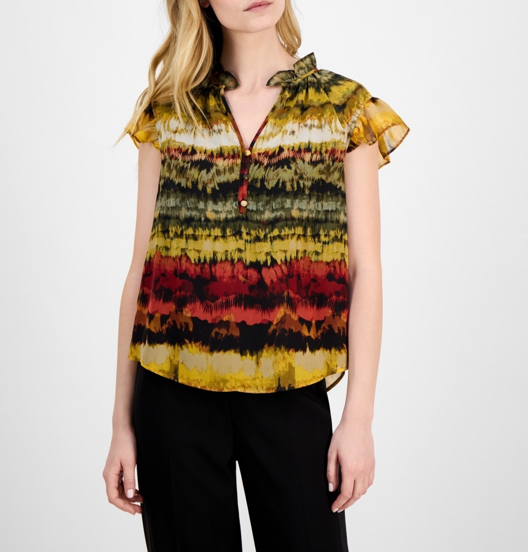 Anne Klein Printed Ruffled-Neck Flutter-Sleeve Chiffon Top MSRP $79