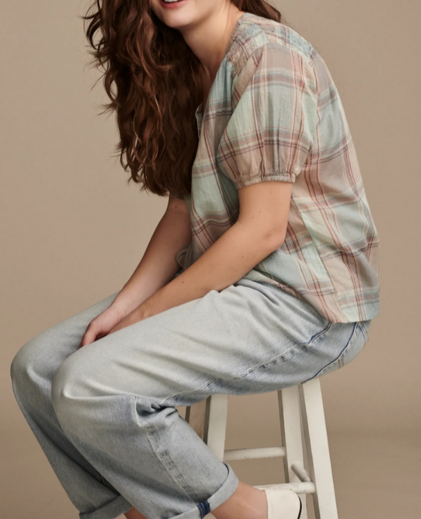 Lucky Brand Cotton Plaid Smocked-Shoulder Blouse MSRP $79
