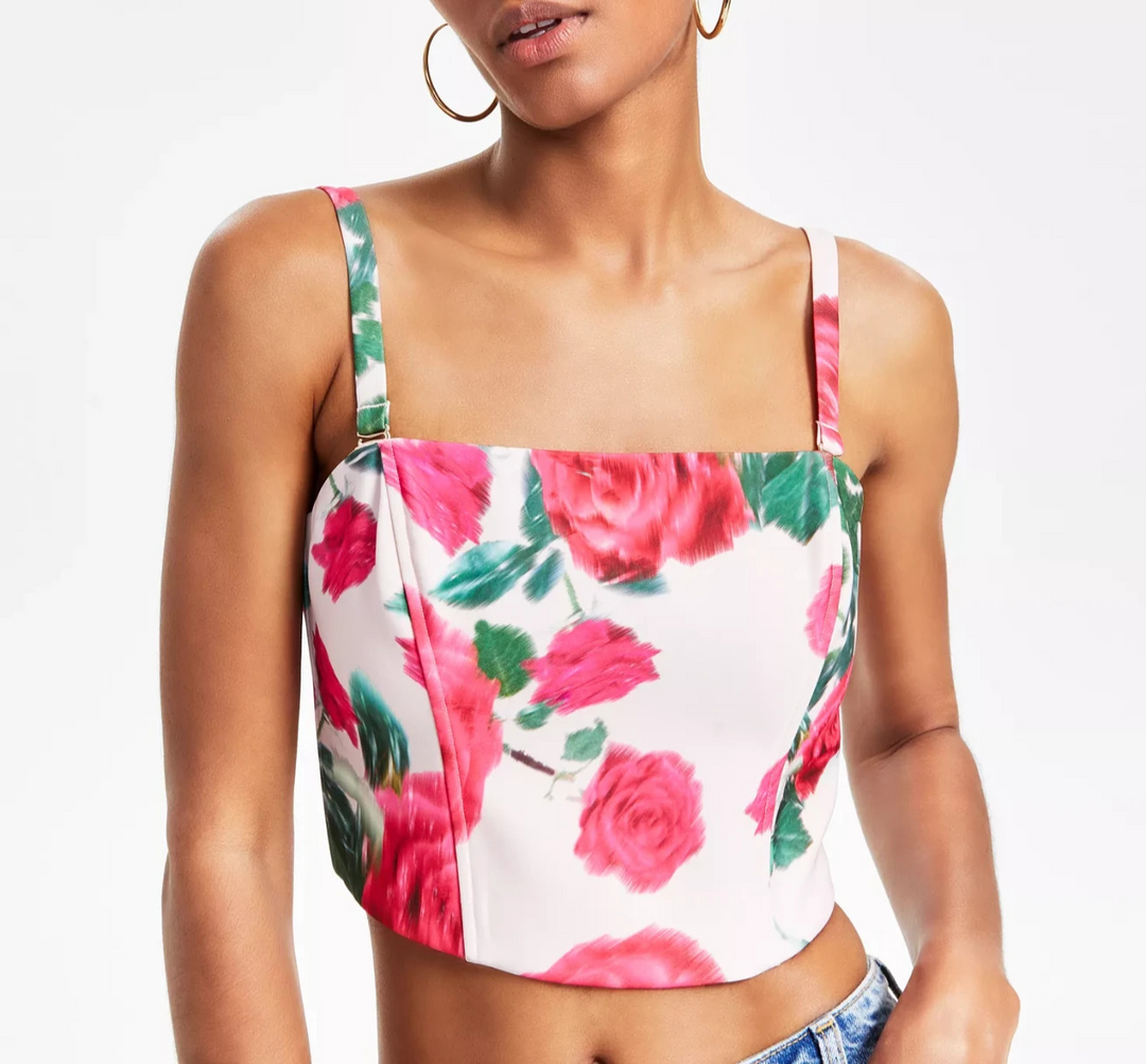 GUESS Women's Raissa Floral Smocked-Back Bustier Top MSRP $89