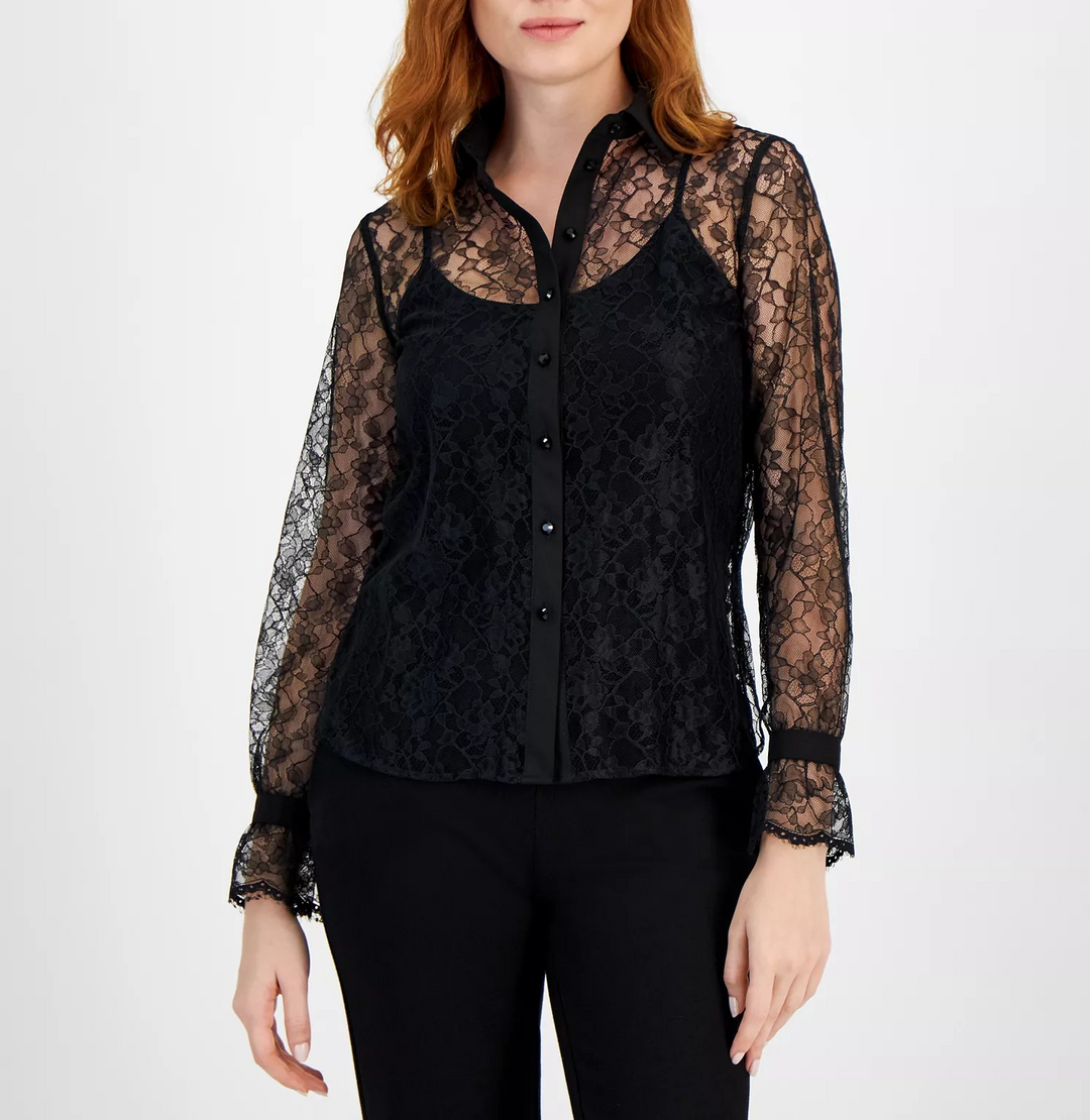 Anne Klein Women's Long-Sleeve Button-Front Lace Shirt MSRP $99