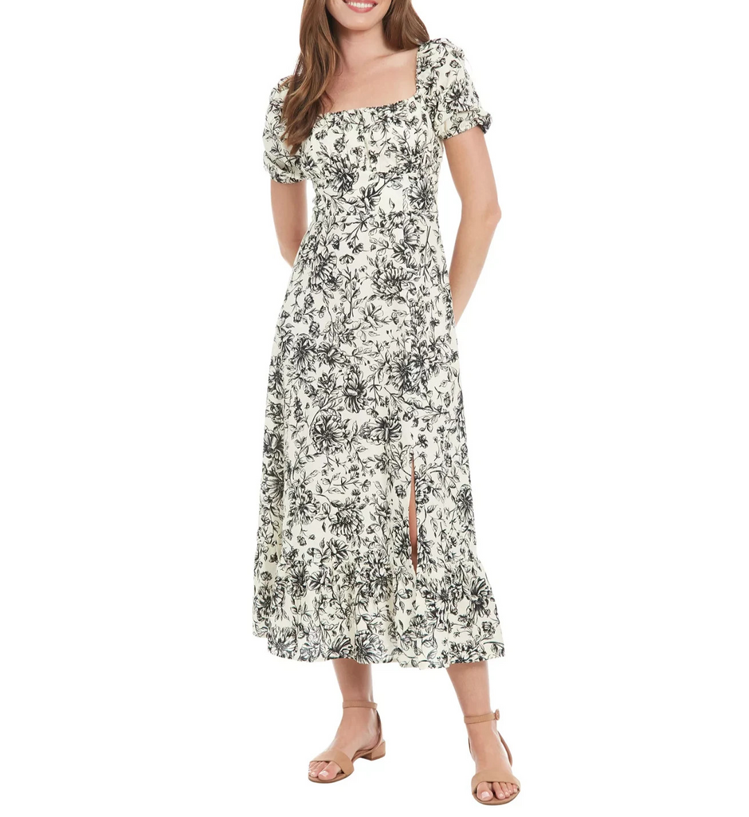 London Times Puff-Sleeve Ruched Smocked-Back Empire Midi Dress MSRP $89