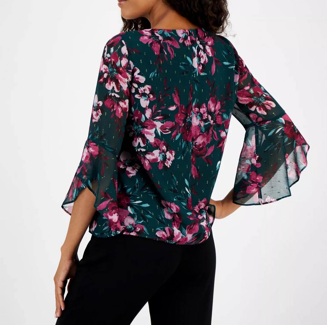 Kasper Petite Floral-Print Ruffled-Sleeve Blouse MSRP $69