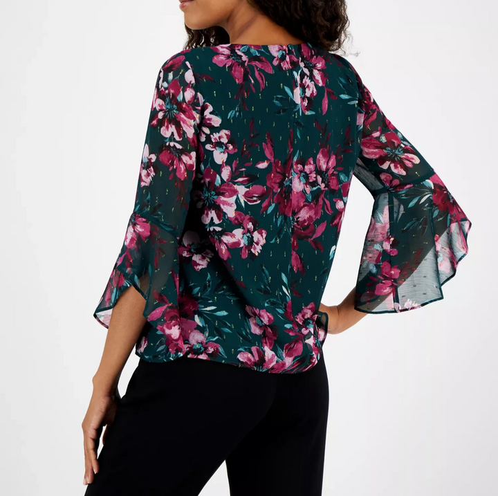 Kasper Petite Floral-Print Ruffled-Sleeve Blouse MSRP $69