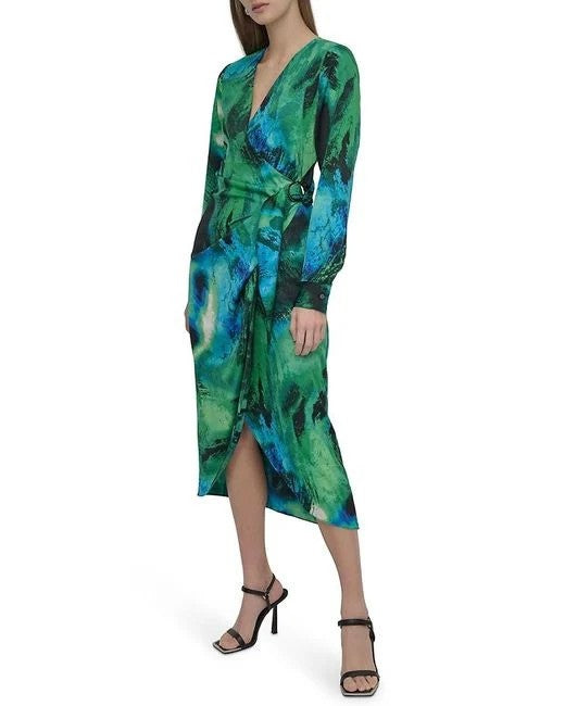 DKNY Long Sleeve Faux Wrap Midi Dress MSRP $139
