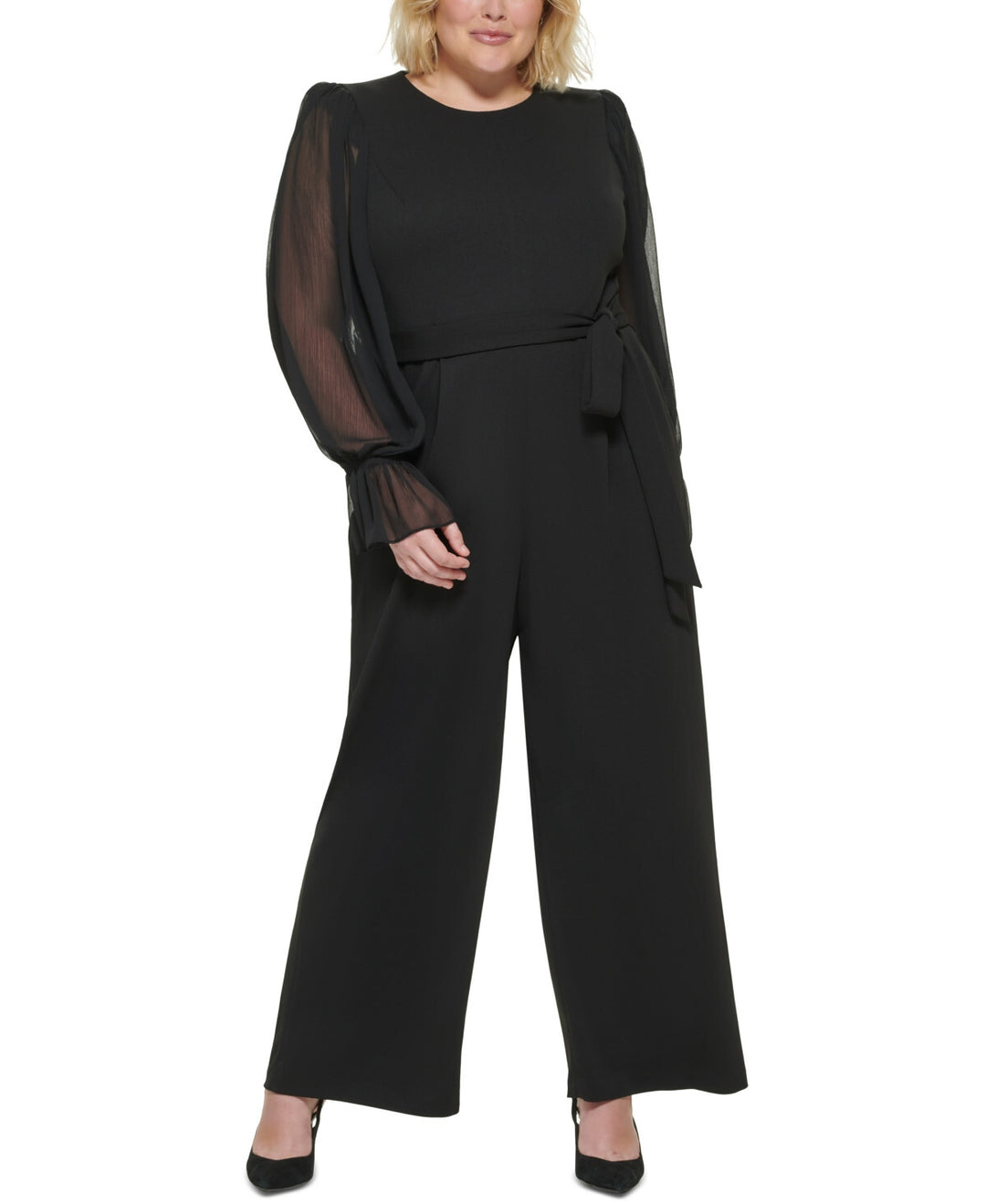 Calvin Klein Plus Size Sheer-Sleeve Wide-Leg Jumpsuit MSRP $149