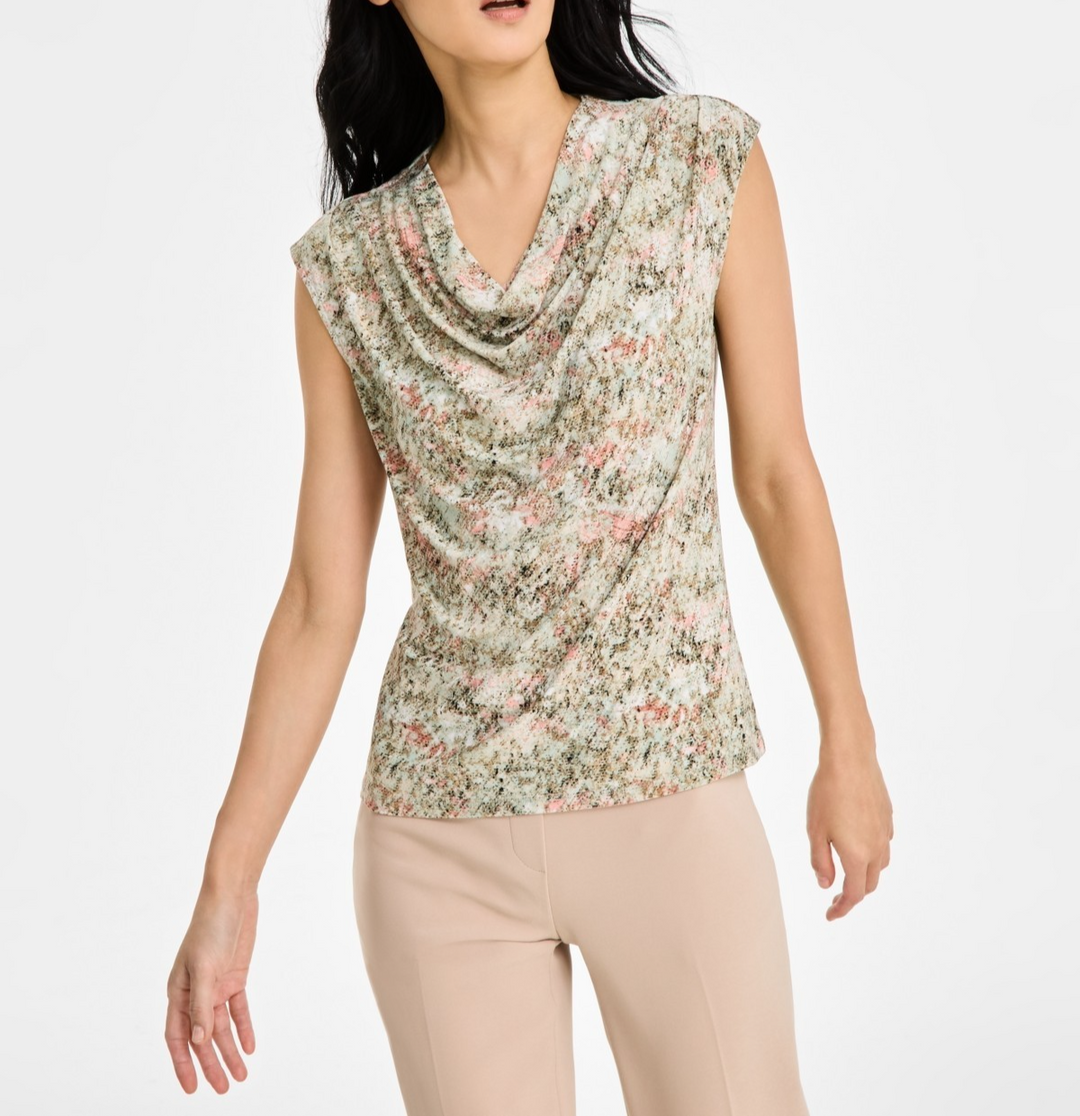 Anne Klein Women's Printed Cowl Neck Cap-Sleeve Top MSRP $59