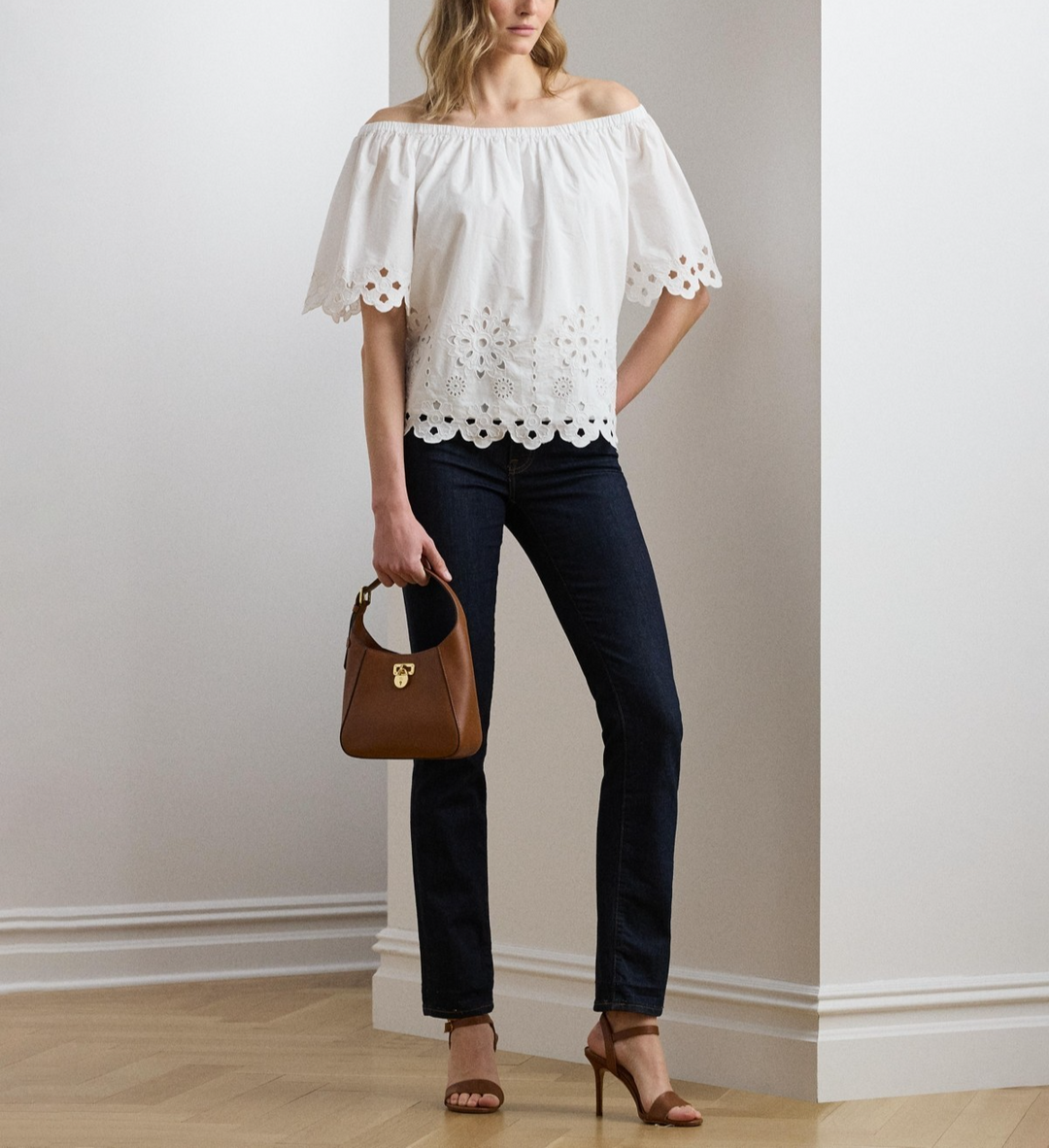 Lauren Ralph Lauren Eyelet Cotton Off-the-Shoulder Blouse MSRP $165