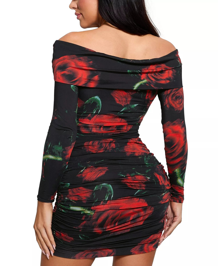 GUESS Women's Miriana Rose-Print Off-The-Shoulder Dress MSRP $158