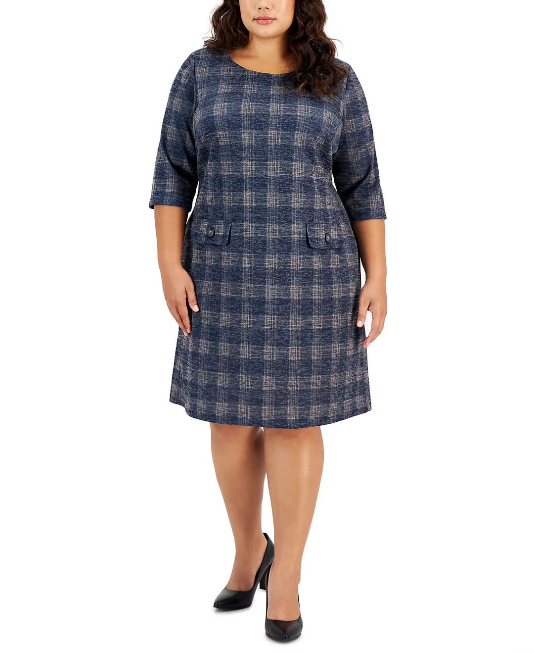 Connected Plus Size Round-Neck Plaid-Print Sheath Dress MSRP $79