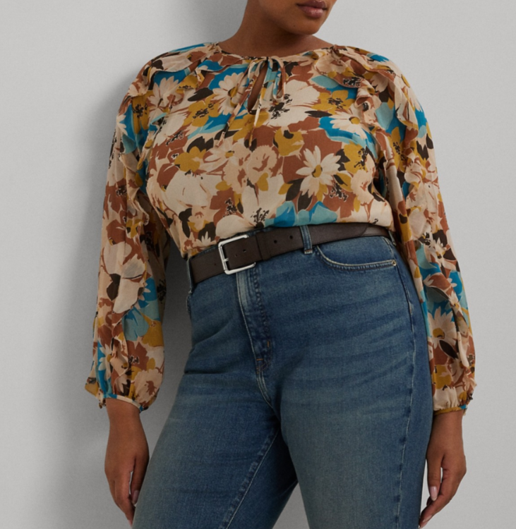 Lauren Ralph Lauren Plus Size Floral Tie-Neck Top MSRP $145